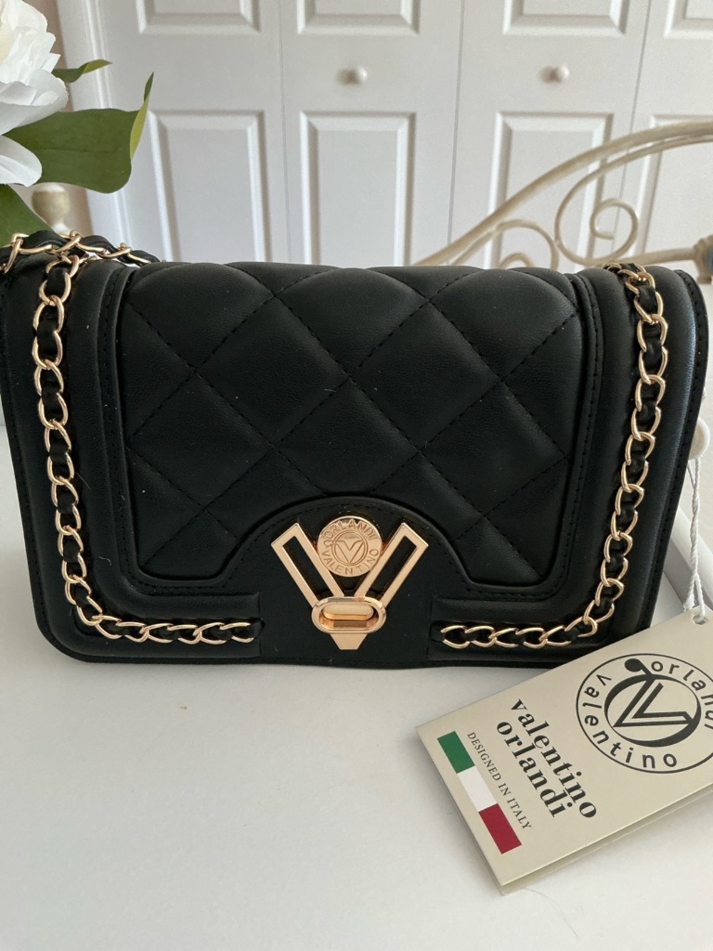 VALENTINO ORLANDI Black Quilted Crossbody with Gold Chain NWT